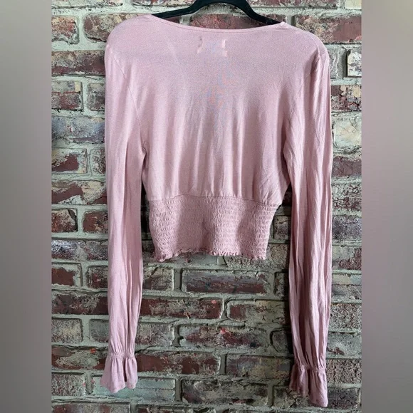 Urban Outfitters Pink Surplice Crop Top Smocked Waist Long Sleev - Picture 5 of 5